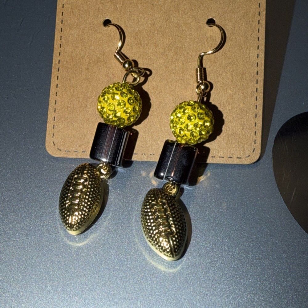 Football Earrings With Backs Oxidized Shiny Gold Finish Play Ball New Handmade